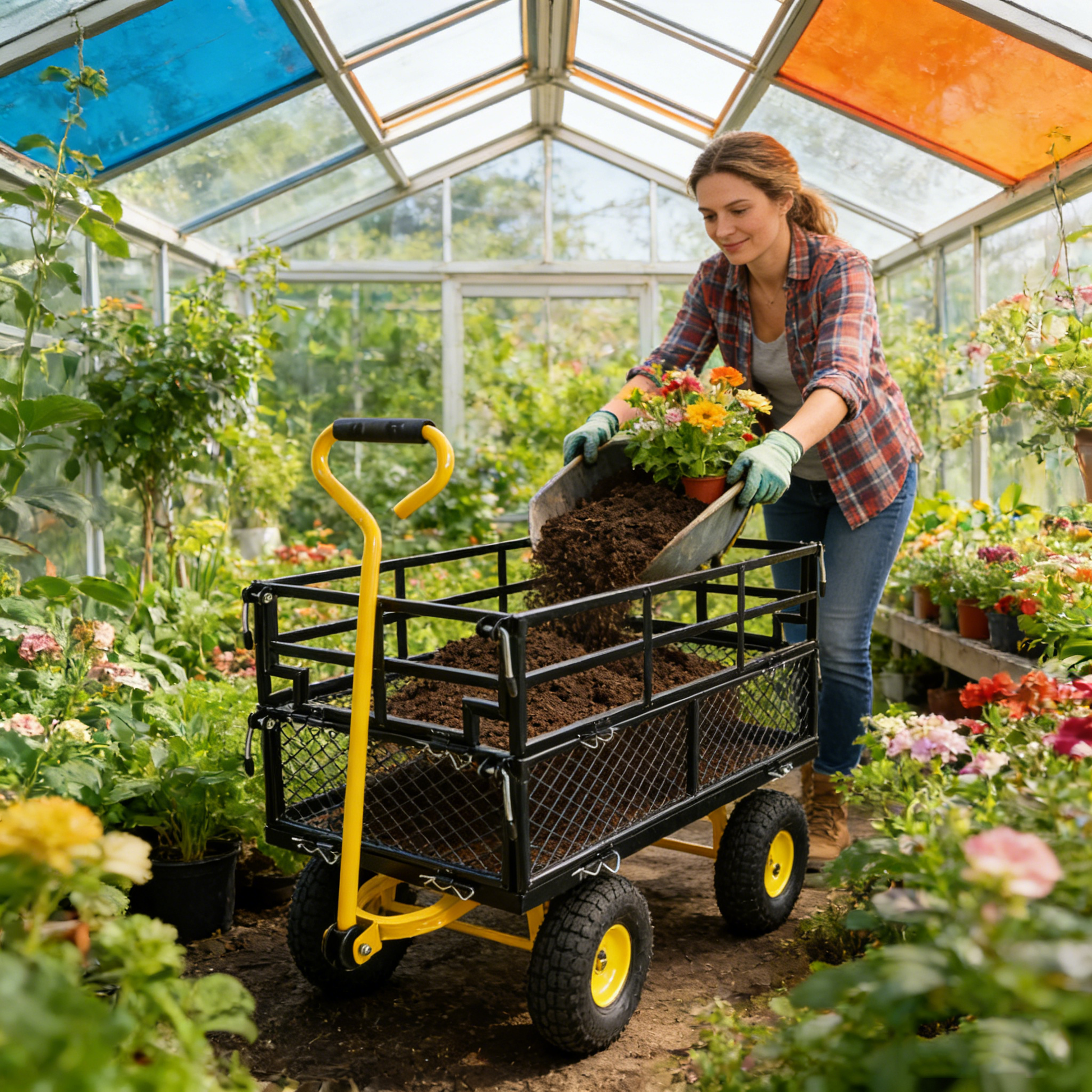 Outdoor Wagon by HouseOfZazla with yellow frame and black cargo bed in greenhouse on Tampa Home & Garden Store