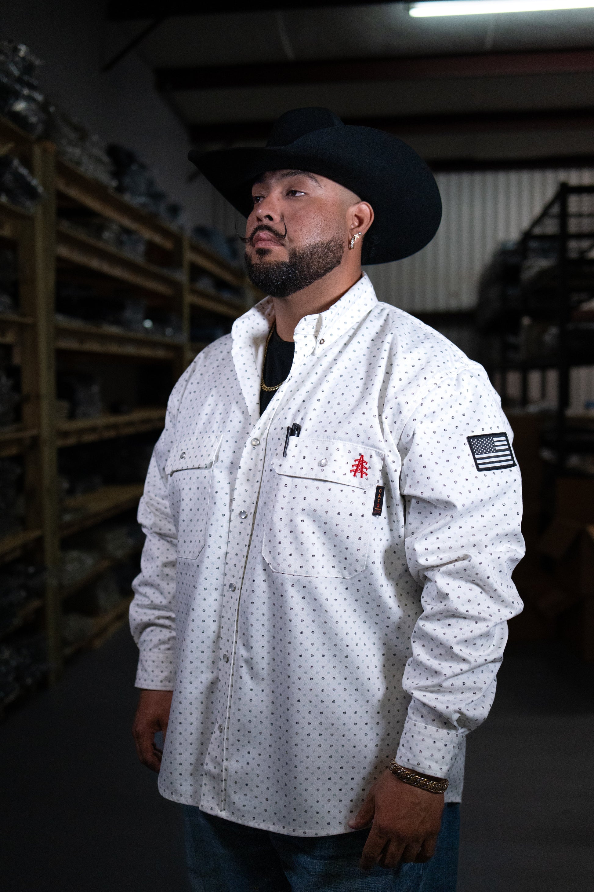 Static FR Pearl Snap Work Shirt Phantom White with U.S. flag patch on sleeve on Tampa Home & Garden Store