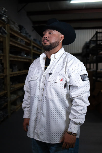 Static FR Pearl Snap Work Shirt Phantom White with U.S. flag patch on sleeve on Tampa Home & Garden Store