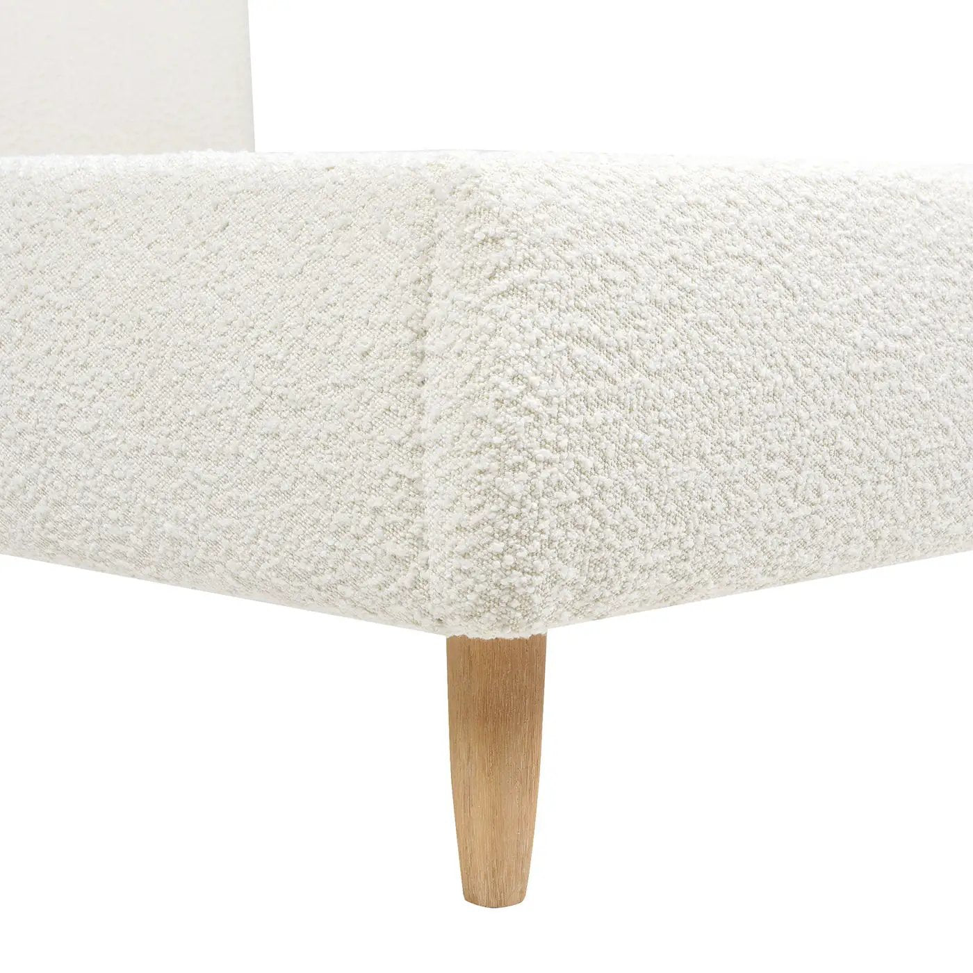 Roman Curved Headboard Upholstered Platform Bed in off-white boucle with natural wood leg on Tampa Home & Garden Store