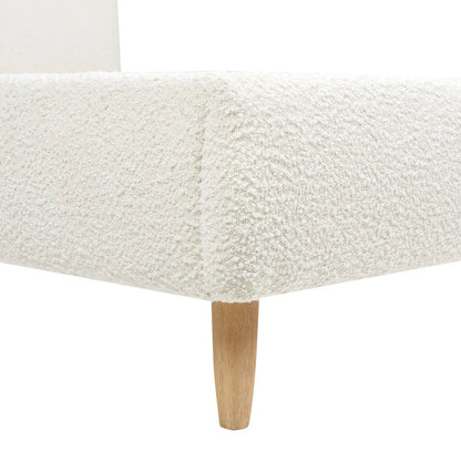 Roman Curved Headboard Upholstered Platform Bed in off-white boucle with natural wood leg on Tampa Home & Garden Store