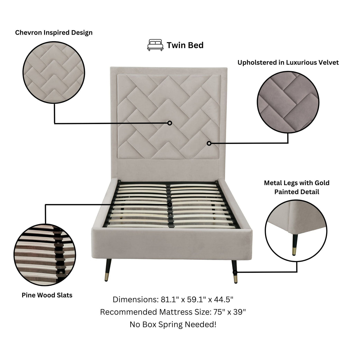 Crosby twin bed with upholstered headboard in light gray velvet and pine slats on Tampa Home & Garden Store