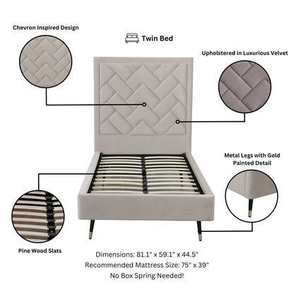 Crosby twin bed with upholstered headboard in light gray velvet and pine slats on Tampa Home & Garden Store