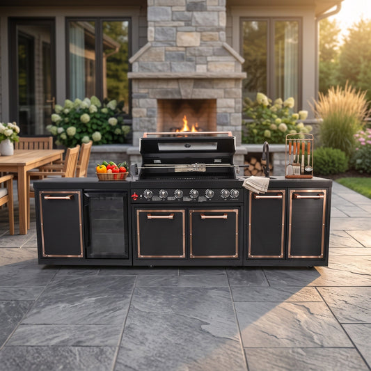 Luxury gas BBQ grill by HouseOfZazla with copper trim in outdoor kitchen on Tampa Home & Garden Store