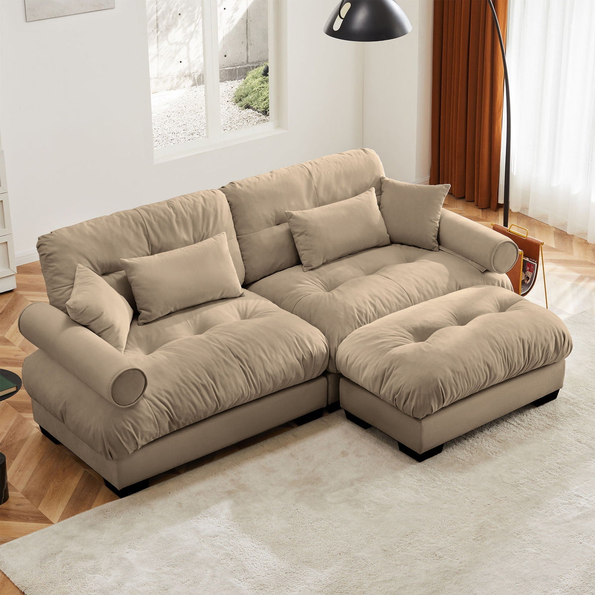 Modern sectional sofa with round bolster arms in beige fabric and cushions by HouseOfZazla on Tampa Home & Garden Store
