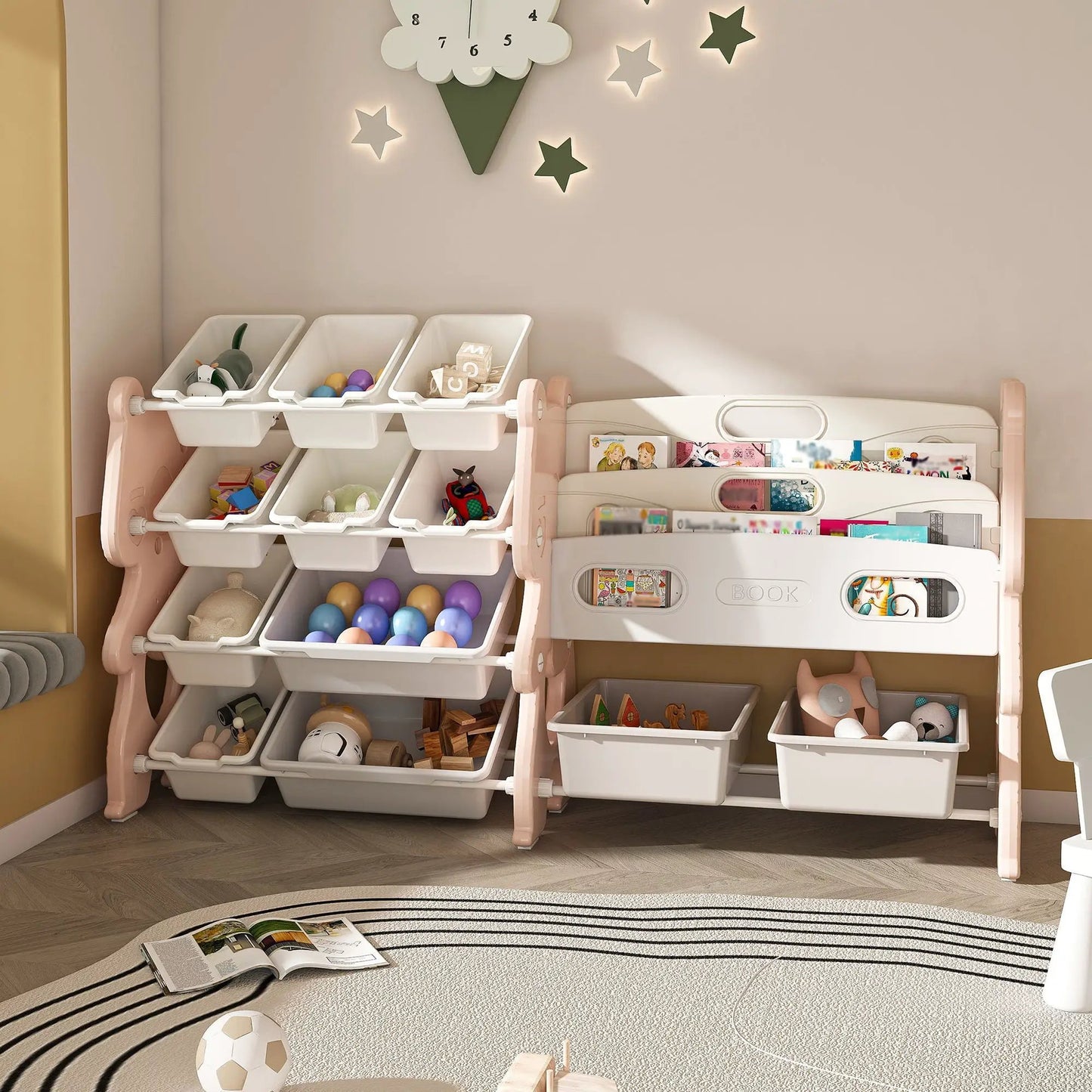 Kids Toy Storage Organizer with 2 Tier Bookshelf