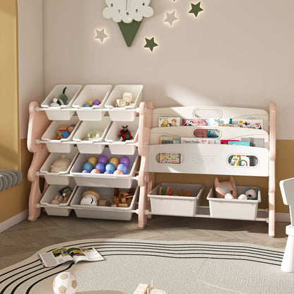 Kids Toy Storage Organizer with 2 Tier Bookshelf