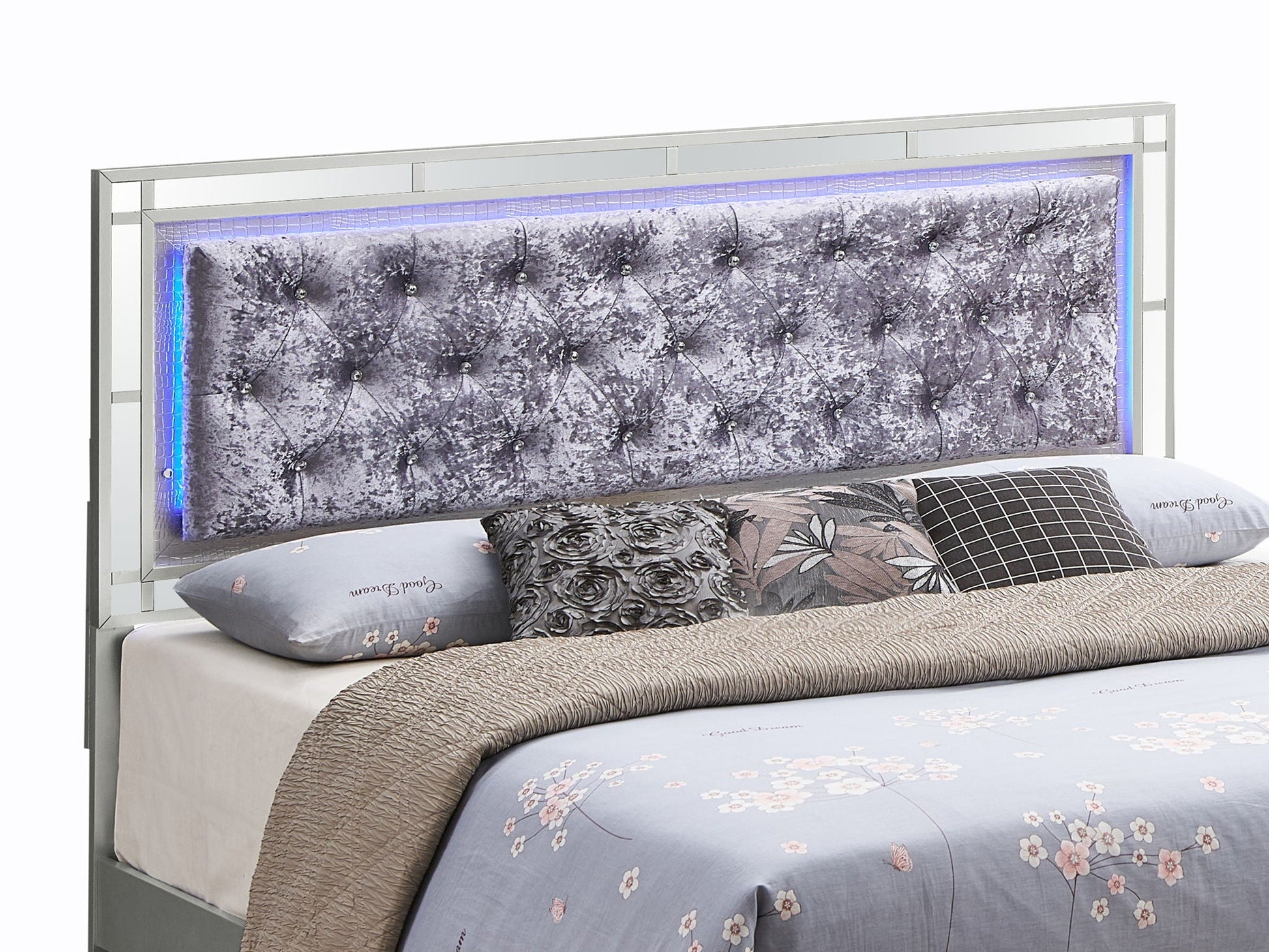 Madison Upholstered Bed With LED by HouseOfZazla, gray velvet tufted headboard and chrome frame on Tampa Home & Garden Store