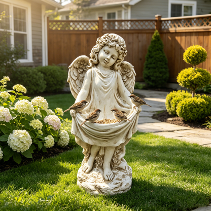 Weathered angel cherub garden statue by HouseOfZazla, 21.06 inches tall in a sunny yard on Tampa Home & Garden Store