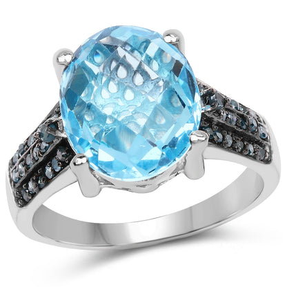 Sterling silver ring with 5.51ct Baby Swiss Blue Topaz center stone and blue diamond pavé band on Tampa Home & Garden Store