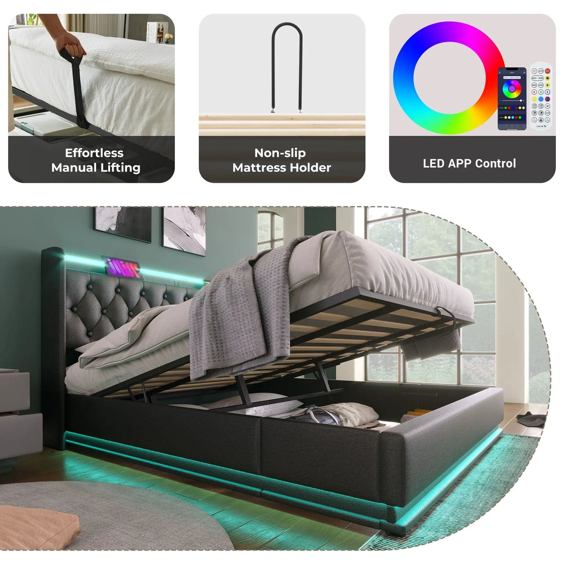 Upholstered storage bed with hydraulic lift, black fabric, 360 LED lighting, USB-C charging on Tampa Home & Garden Store