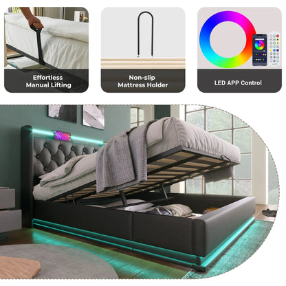 Upholstered storage bed with hydraulic lift, black fabric, 360 LED lighting, USB-C charging on Tampa Home & Garden Store