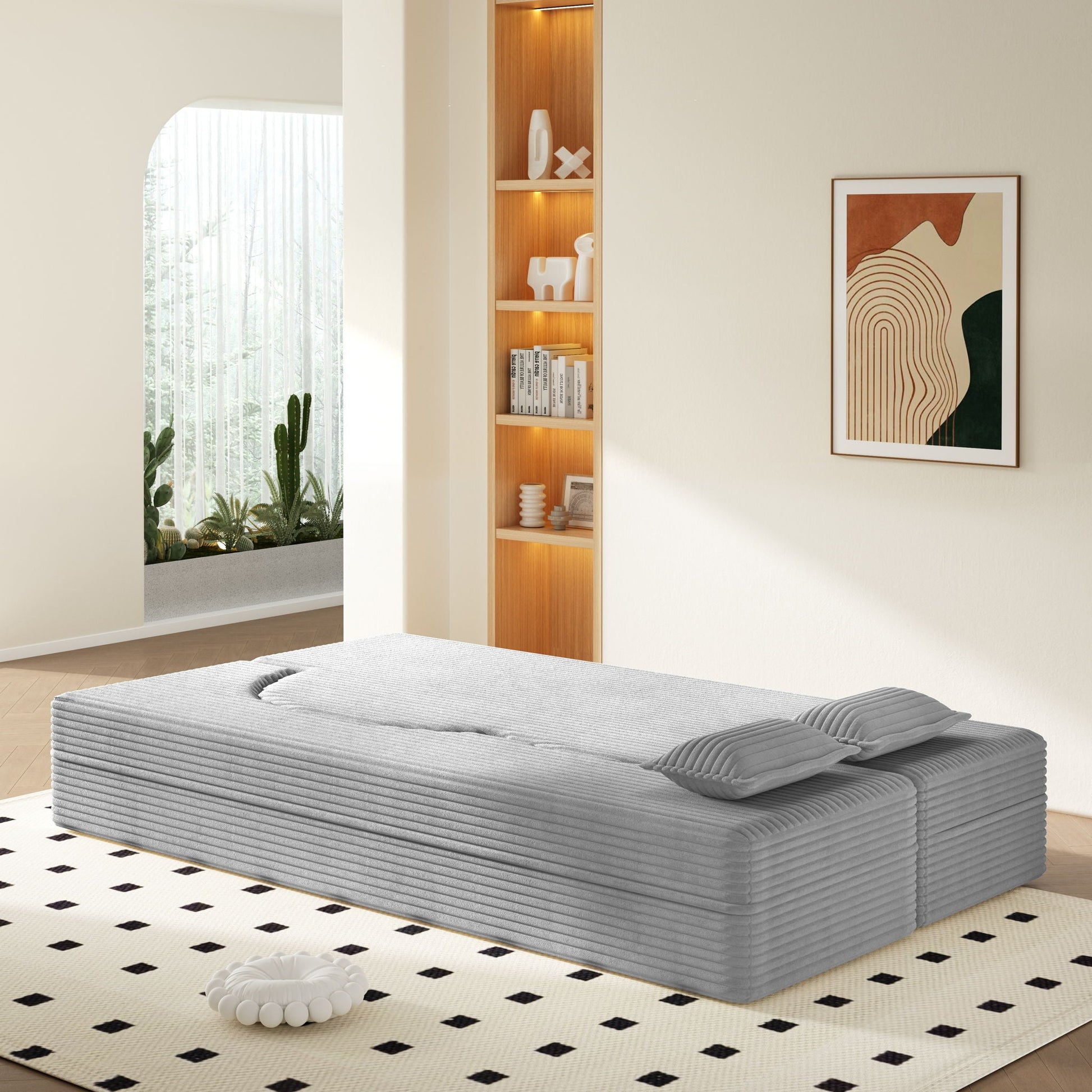 Floor sofa with 2 pillows in light gray ribbed fabric, twin mattress HouseOfZazla on Tampa Home & Garden Store