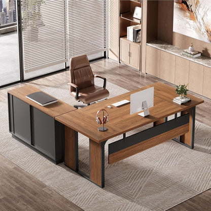 L-shaped executive desk with file cabinet and open shelves, brown wood top, black base on Tampa Home & Garden Store
