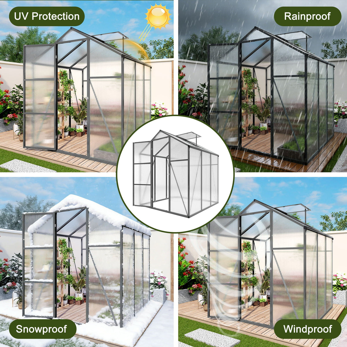 Windproof greenhouse by HouseOfZazla with raised base, black frame and polycarbonate panels on Tampa Home & Garden Store