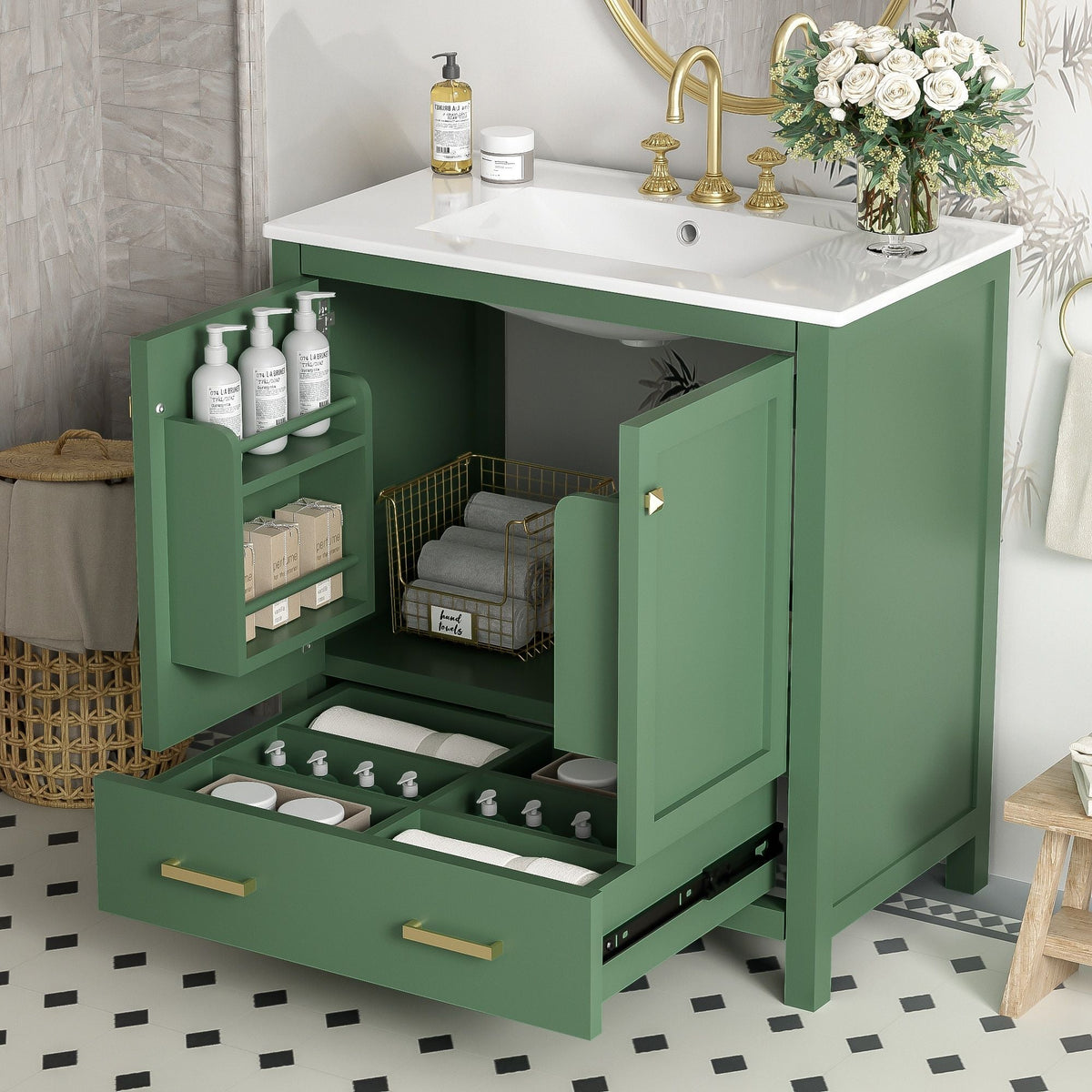 Vanity Green HouseOfZazla with white countertop, single undermount sink and storage on Tampa Home & Garden Store