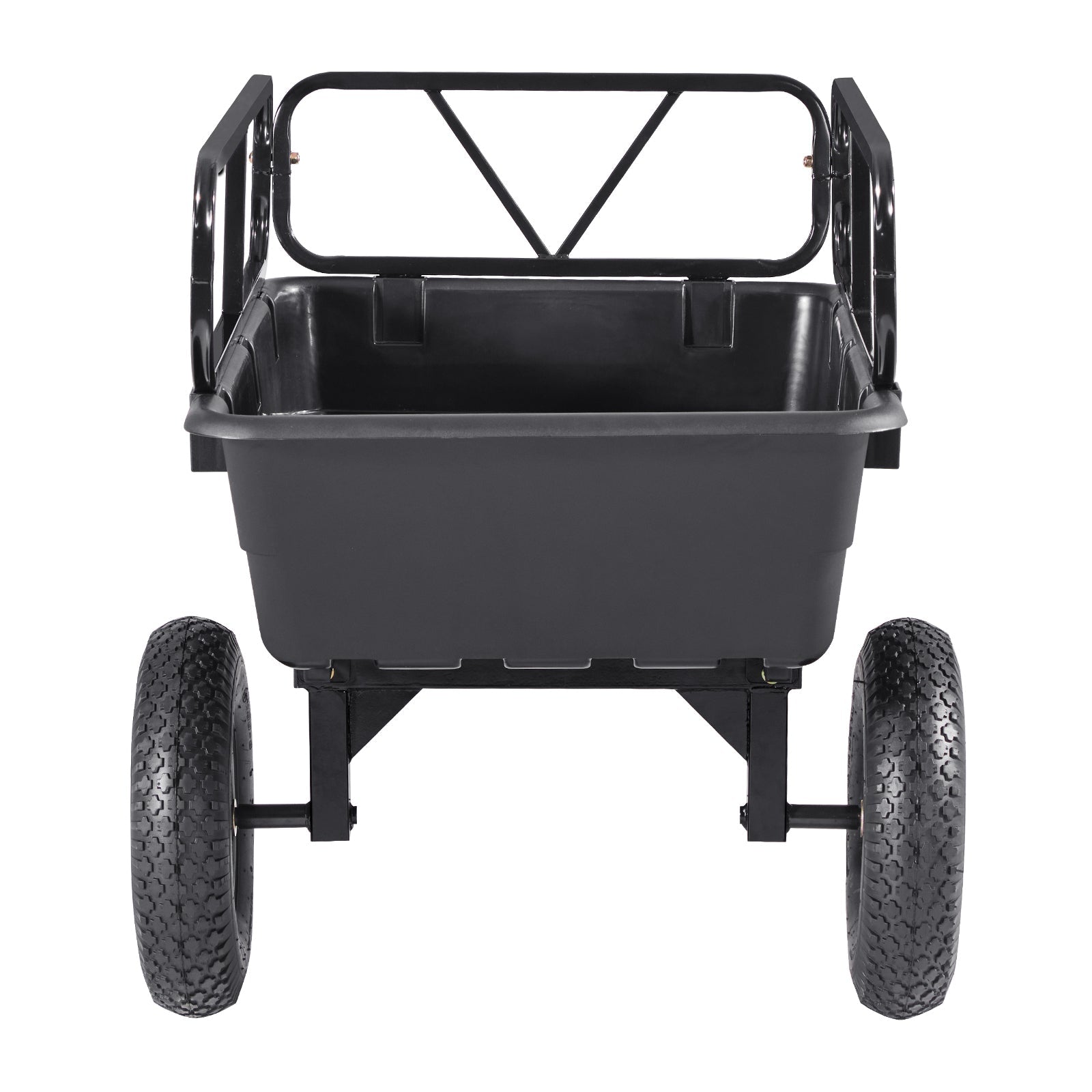 Dump trailer 500 lbs 10 cu ft, black frame with gray plastic bed, tow behind garden cart on Tampa Home & Garden Store