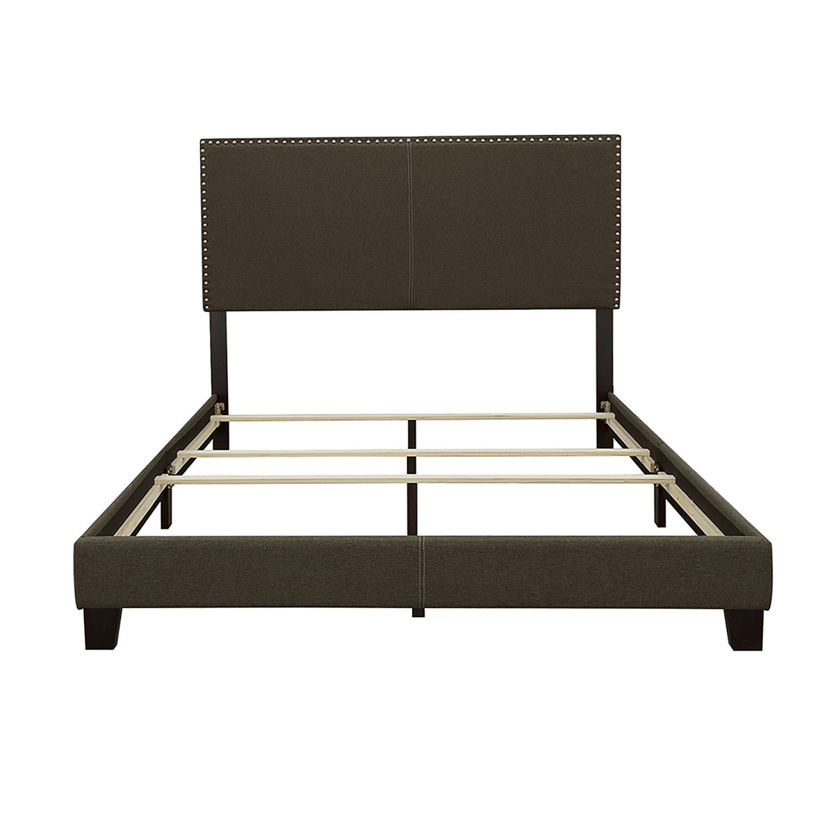 Queen upholstered bed with charcoal headboard and nailhead trim on dark legs on Tampa Home & Garden Store