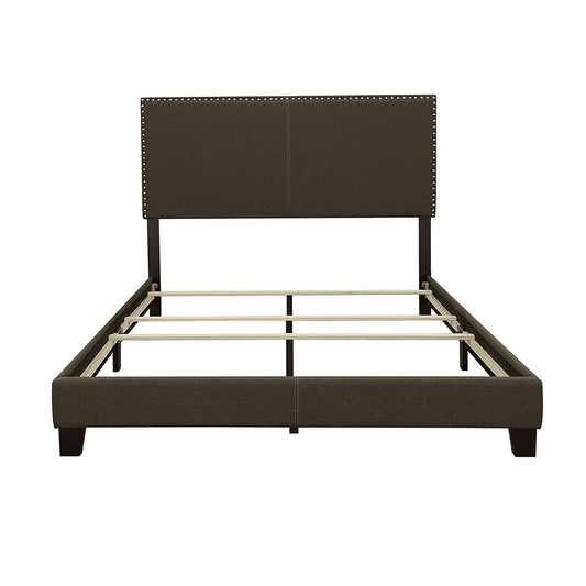 Queen upholstered bed with charcoal headboard and nailhead trim on dark legs on Tampa Home & Garden Store