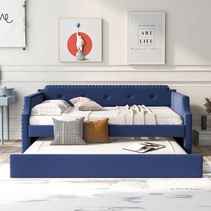 Blue upholstered daybed with pull-out trundle and nailhead trim on Tampa Home & Garden Store