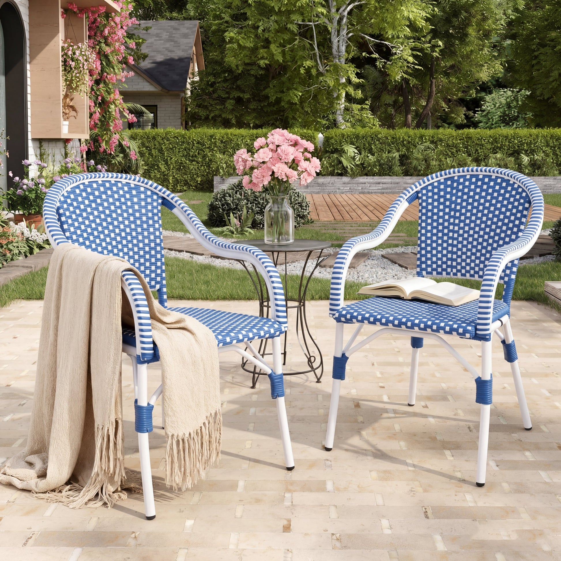 Outdoor Bistro Chairs with aluminum frame, blue and white woven pattern set of 2 on Tampa Home & Garden Store