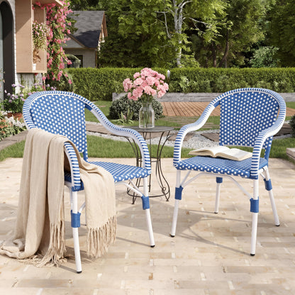 Outdoor Bistro Chairs with aluminum frame, blue and white woven pattern set of 2 on Tampa Home & Garden Store