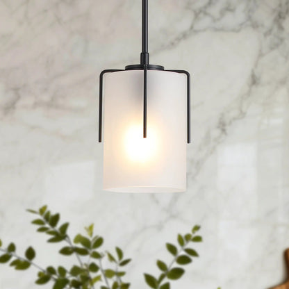 Adjustable cylindrical pendant light with matte black frame and white glass shade on Tampa Home & Garden Store