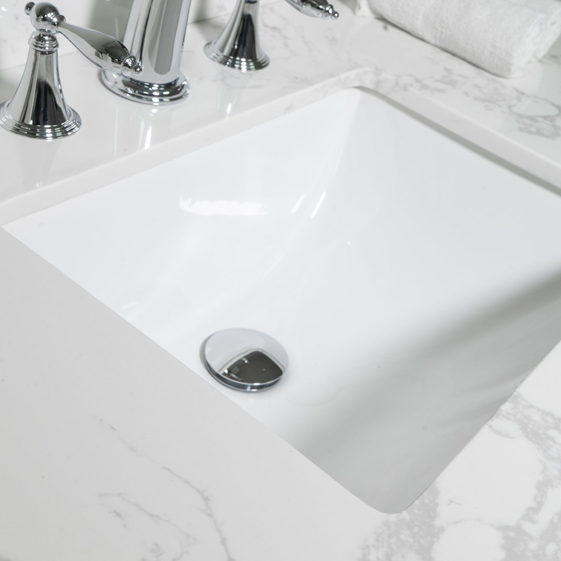 Montary 43x22 Carrara vanity top with undermount ceramic sink, 3 faucet holes, back splash on Tampa Home & Garden Store