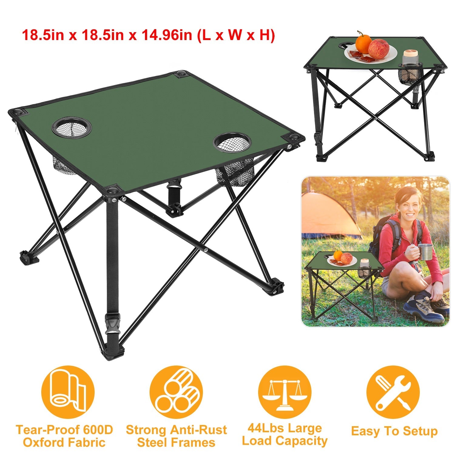 GemGear foldable camping table with green top, two cup holders, and compact steel frame on Tampa Home & Garden Store