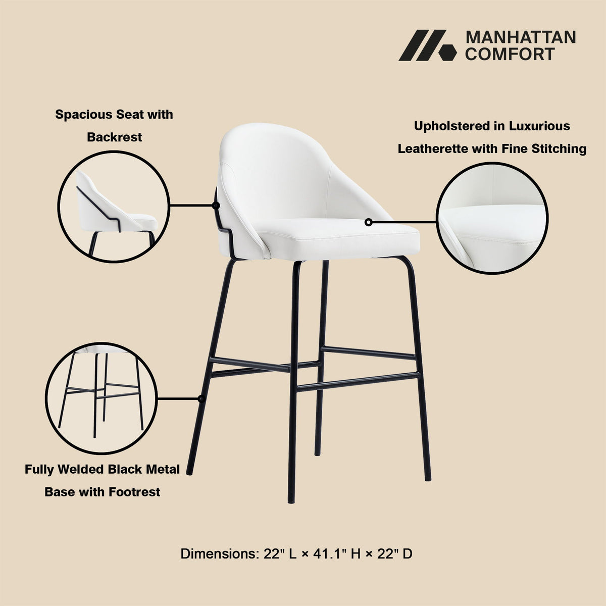 Gracie Upholstered Barstool in white leatherette with black metal base by HouseOfZazla on Tampa Home & Garden Store