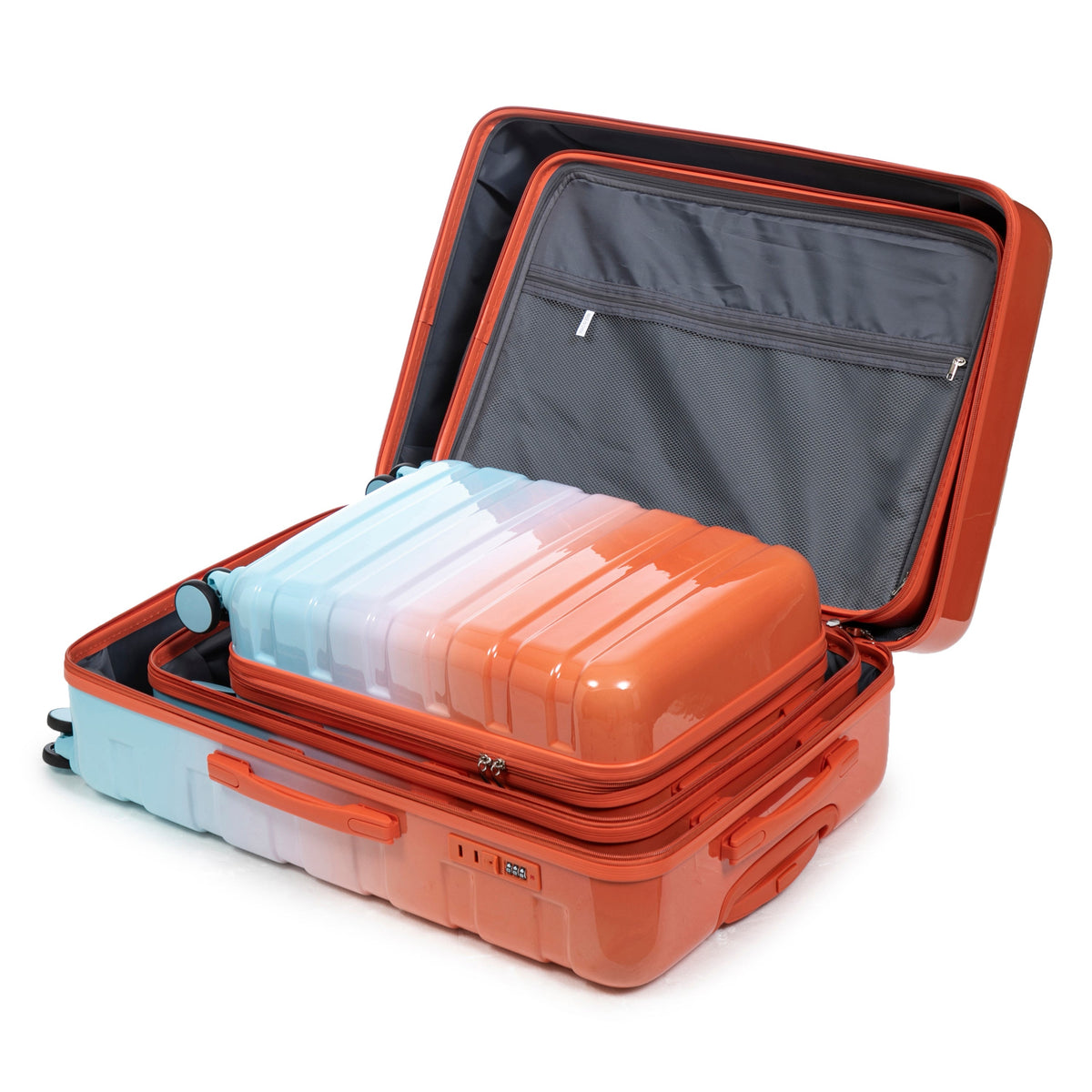 3-Piece Spinner Wheel Luggage Set Gradient by HouseOfZazla; orange-blue shells, gray interior on Tampa Home & Garden Store