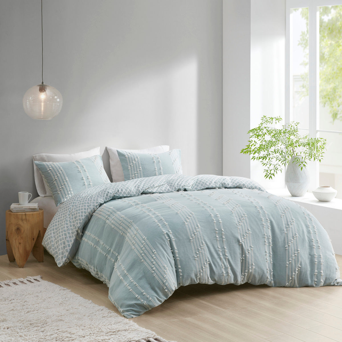HouseOfZazla King/Cal King cotton jacquard duvet cover set aqua ivory reversible 3-piece on Tampa Home & Garden Store