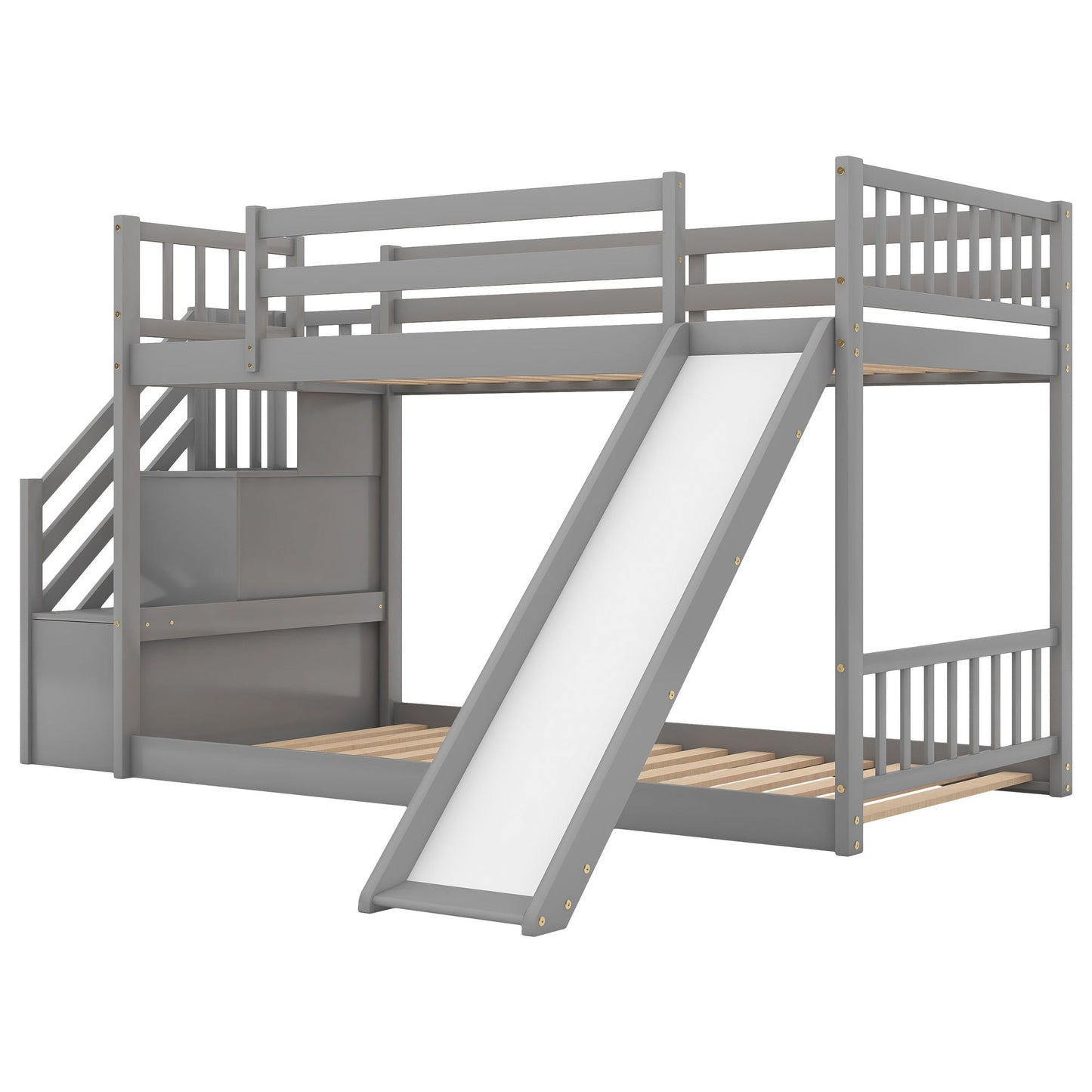 Bunk bed with convertible slide and stairway in gray finish, upper guard rails, wooden slats on Tampa Home & Garden Store