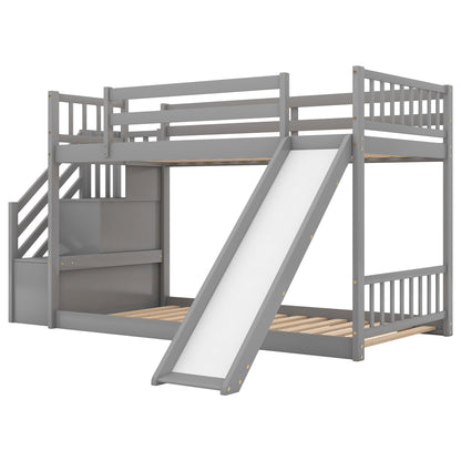 Bunk bed with convertible slide and stairway in gray finish, upper guard rails, wooden slats on Tampa Home & Garden Store