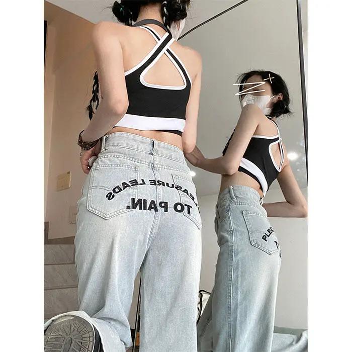 High Street Embroidery Jeans, light wash with back lettering and straight slimming fit on Tampa Home & Garden Store