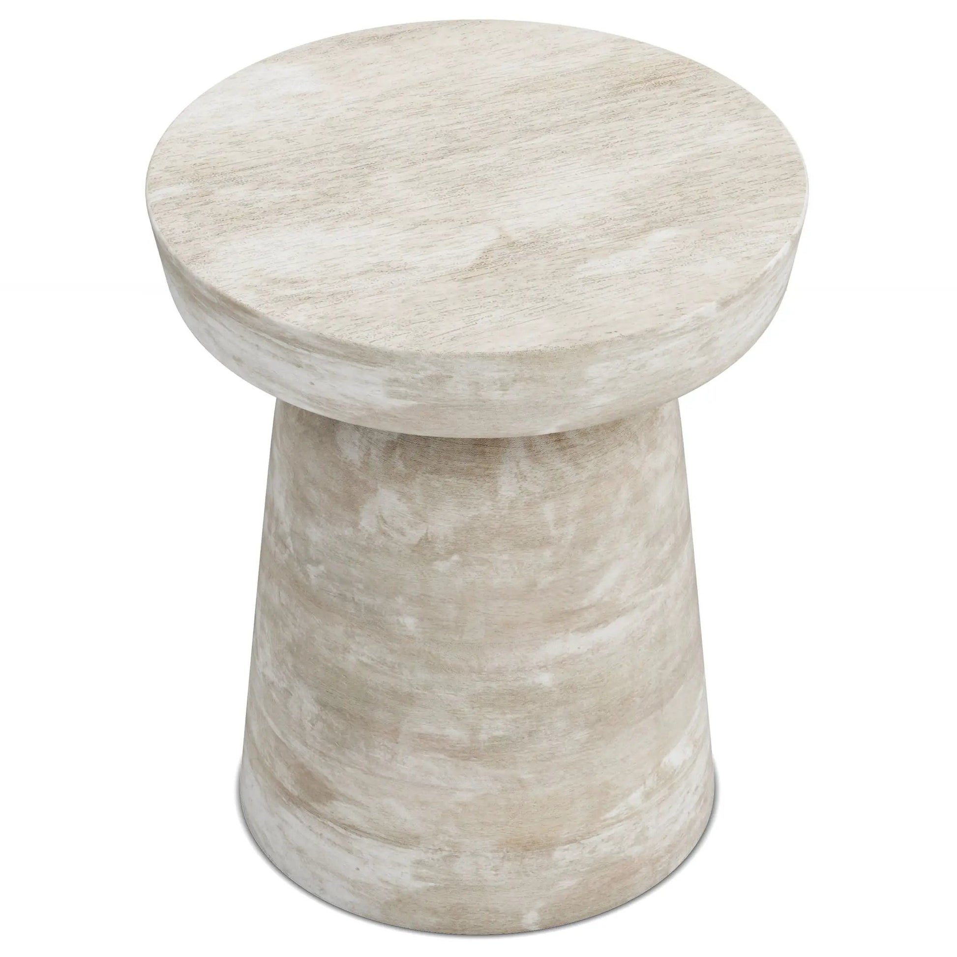 Robbie Handcrafted Accent Table with round weathered whitewashed wood top on Tampa Home & Garden Store