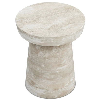 Robbie Handcrafted Accent Table with round weathered whitewashed wood top on Tampa Home & Garden Store