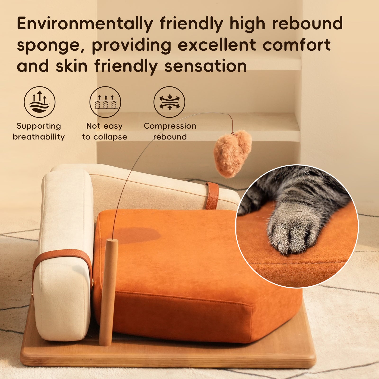 Wooden pet bed with orange cushion for cats and dogs, solid wood frame on Tampa Home & Garden Store