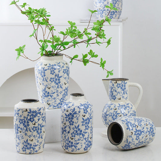 New Chinese style blue and white porcelain ceramic vase vintage ice cracked ornament for living room - Tampa Home & Garden Store