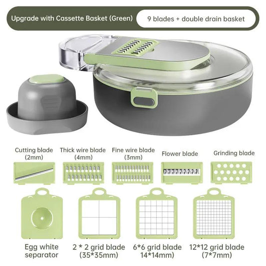 Multifunctional Vegetable Cutter and Shredder with green accents and 9-blade set on Tampa Home & Garden Store