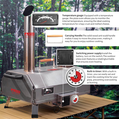 Stainless Steel Pizza Oven Outdoor 12" Automatic Rotatable Pizza Ovens Portable Wood Fired Pizza Oven Pizza Maker with Timer - Tampa Home & Garden Store