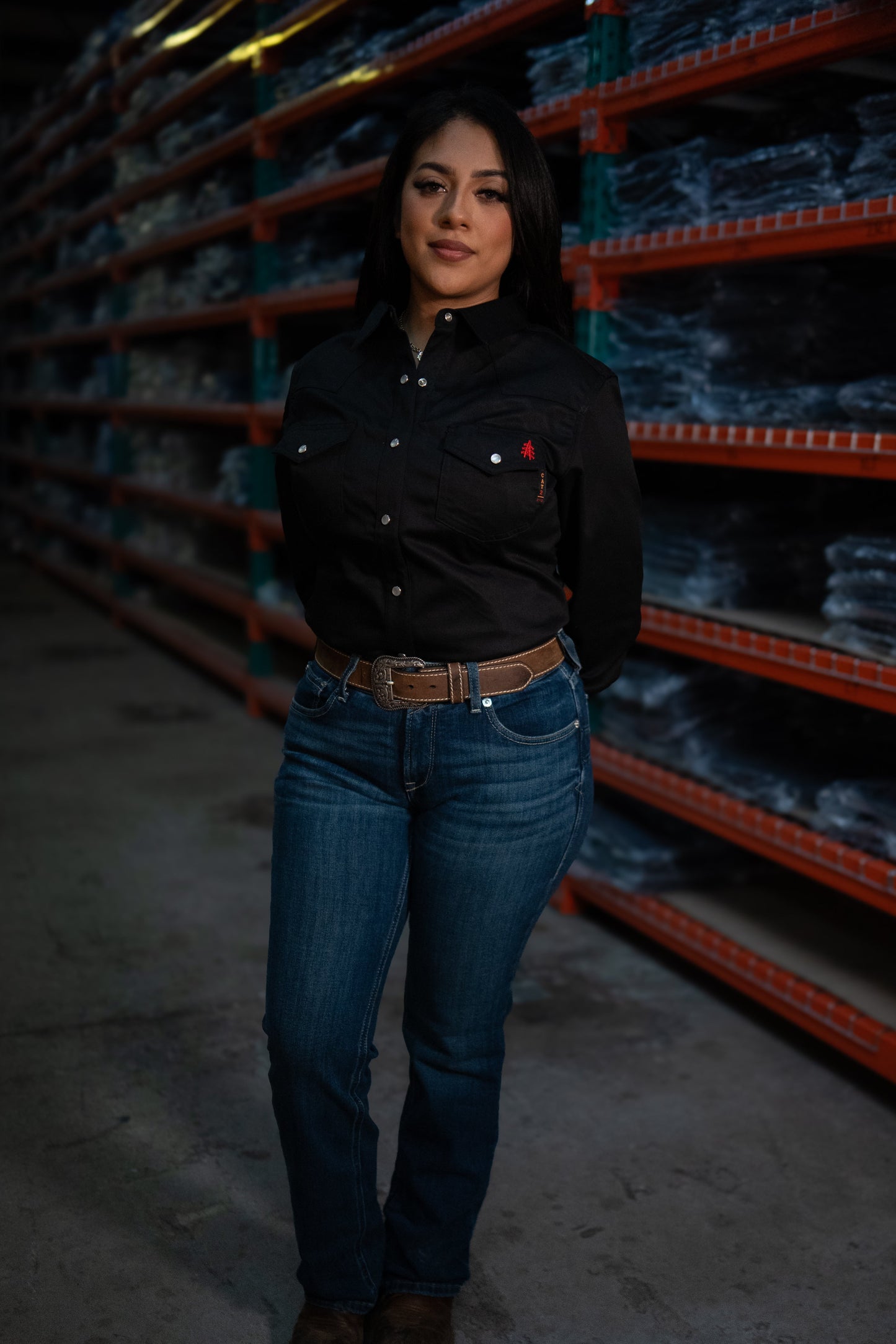 Women's FR Pearl Snap Western Black shirt with pearl snaps and pockets Static FR logo on pocket on Tampa Home & Garden Store