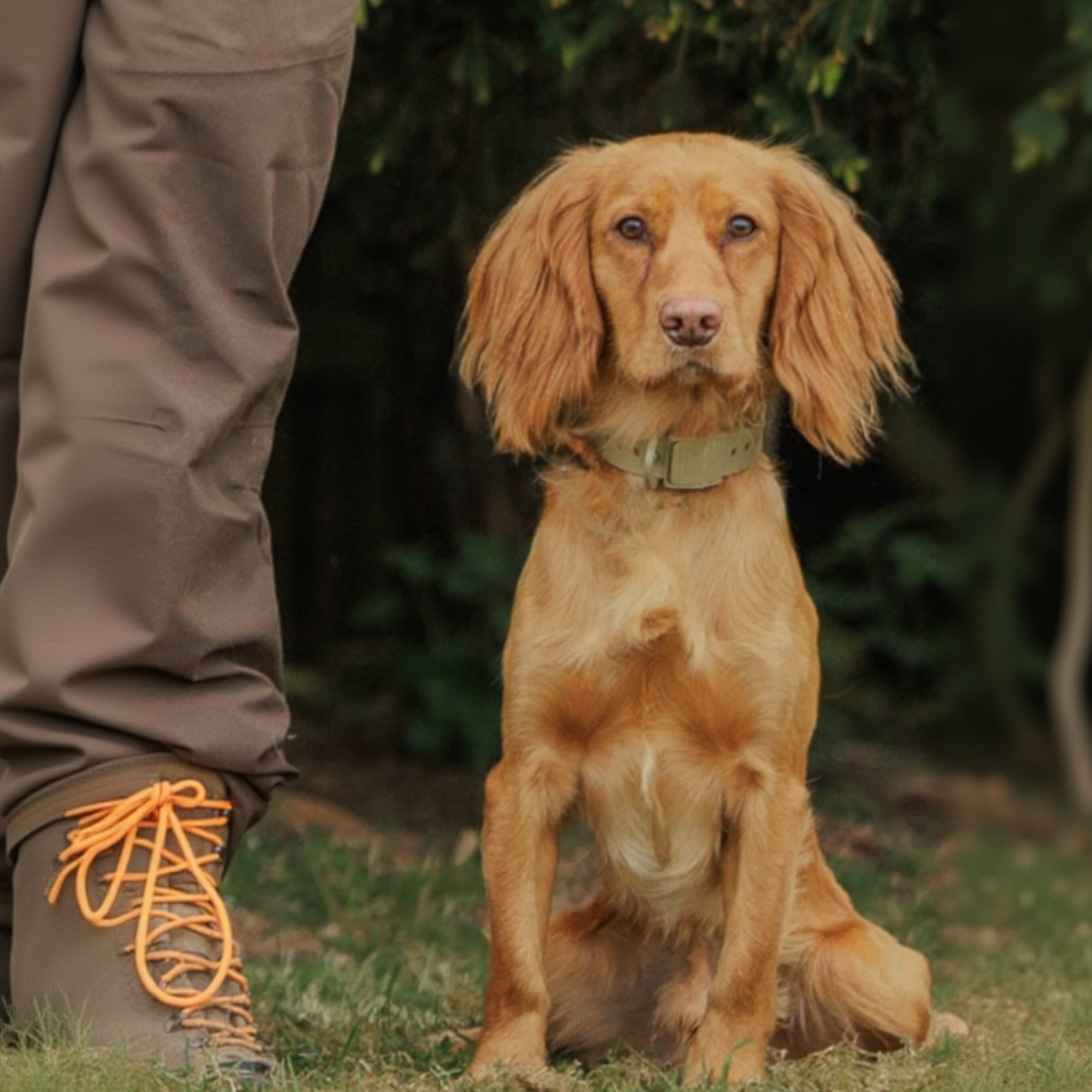 FIELD COLLAR Hoss Straps™ khaki hunting dog collar worn by a golden retriever on Tampa Home & Garden Store