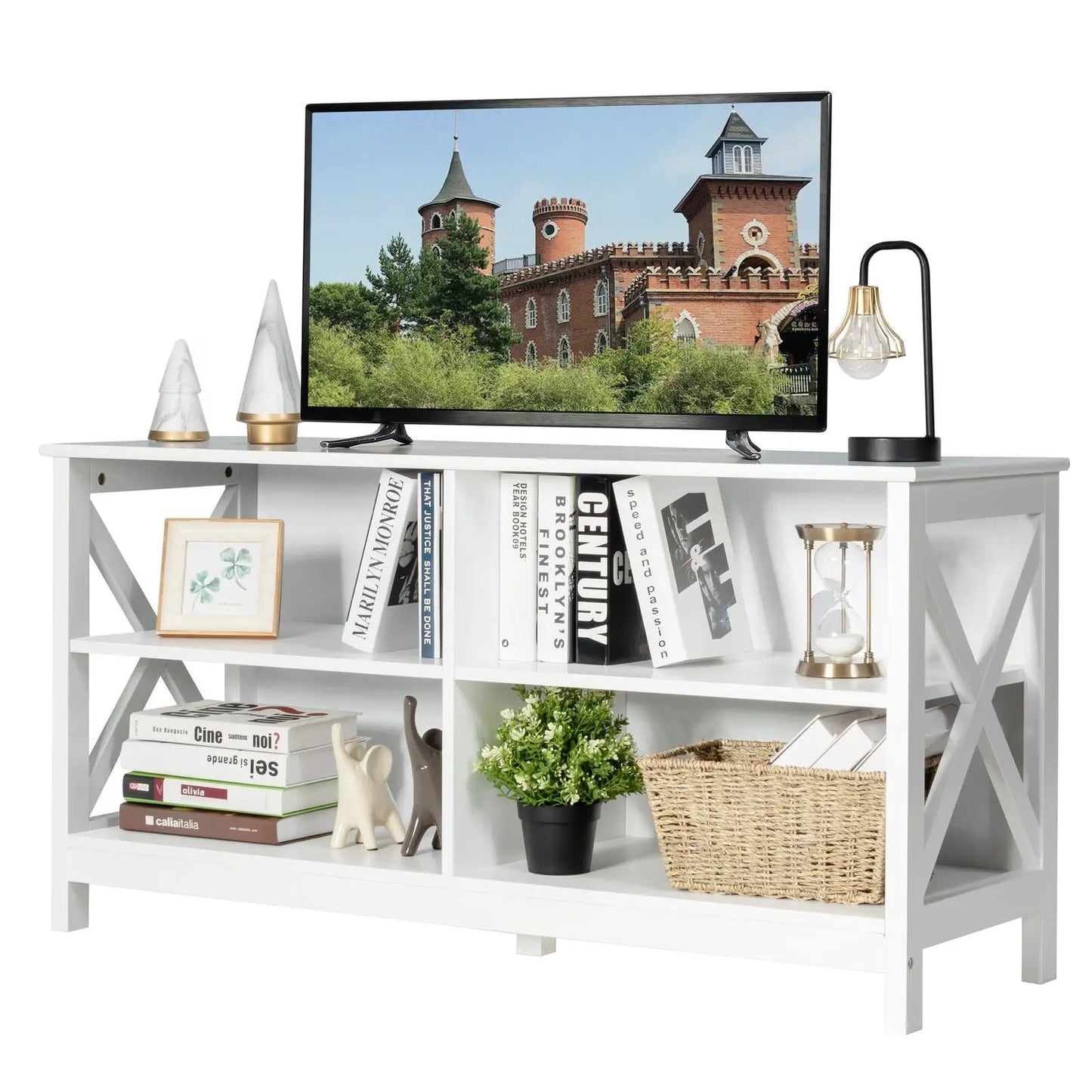 Wooden TV Stand for 55 TV with X Shaped Frame