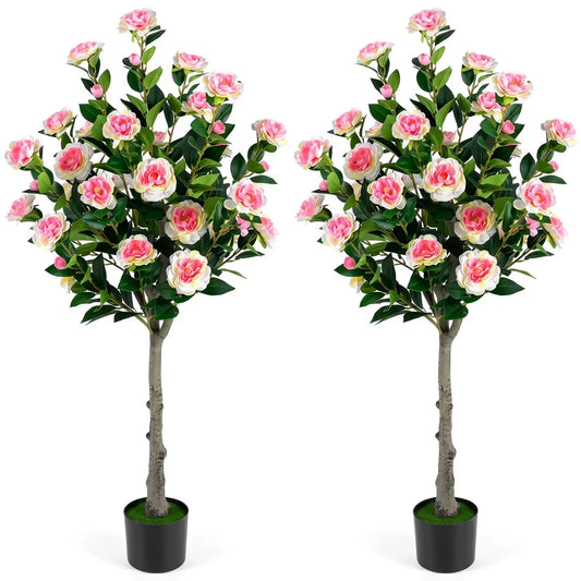 Artificial camellia tree pair by DirectDeals with pink-cream blossoms in cement pots on Tampa Home & Garden Store