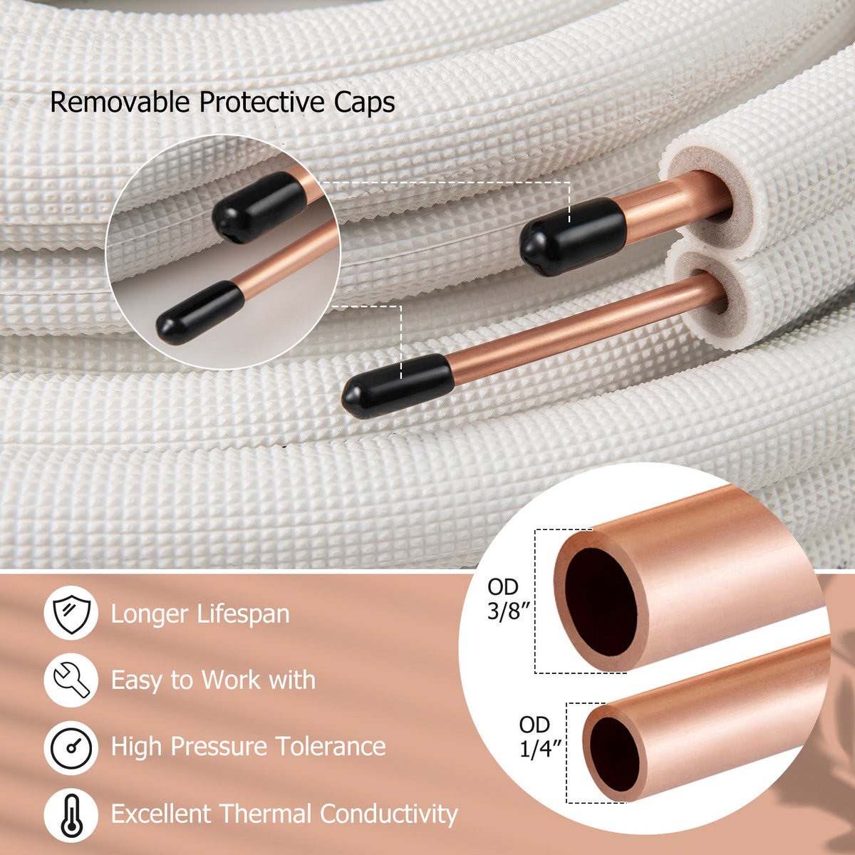 Mini split line set copper tubing 50 ft with 1/4 and 3/8 in OD, DirectDeals, removable caps on Tampa Home & Garden Store