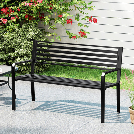 50 Inch Outdoor Metal Park Bench Patio Slatted Garden Bench for 2-3 People-Black - Tampa Home & Garden Store