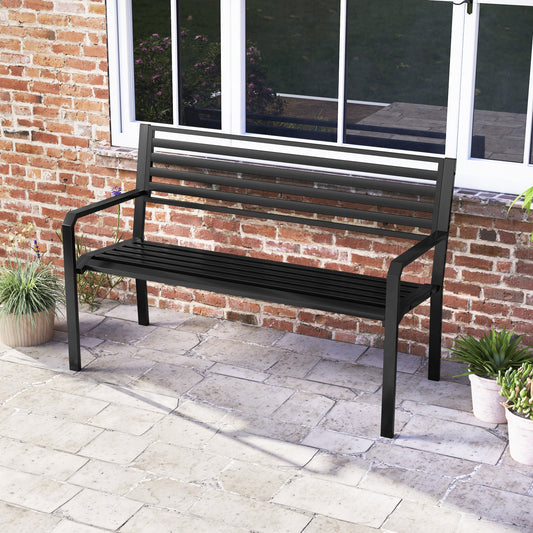50 Inch Outdoor Metal Park Bench Patio Slatted Garden Bench for 2-3 People-Black - Tampa Home & Garden Store