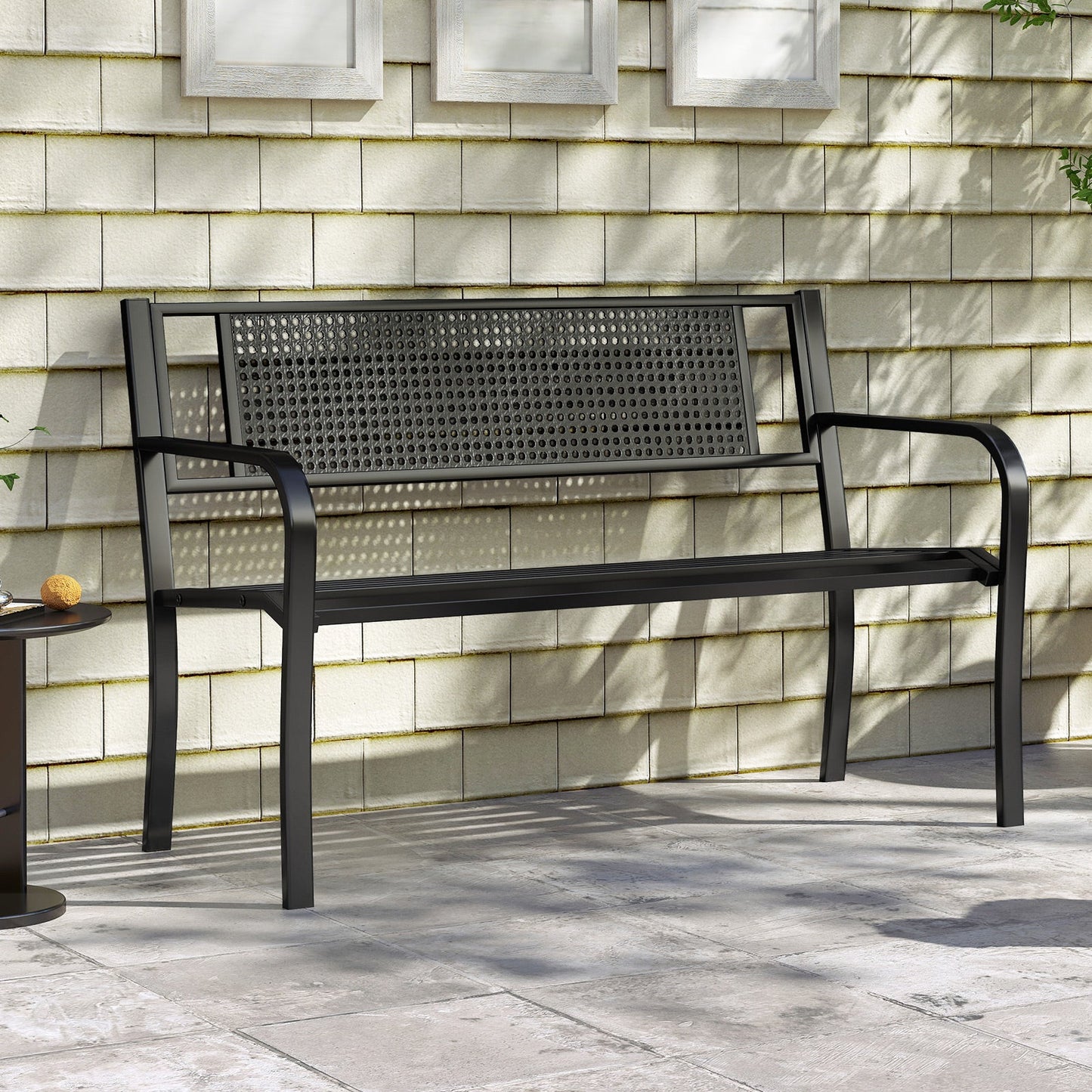 50 Inches Garden Bench with Patterned Backrest and Curved Armrests-Black