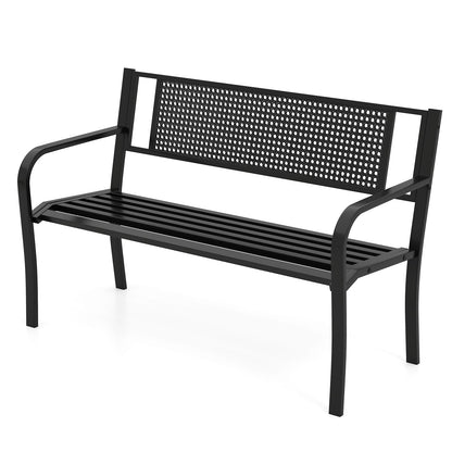 50 Inches Garden Bench with Patterned Backrest and Curved Armrests-Black